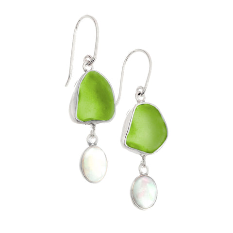 Lime Sea Glass & Opal Drop Earrings