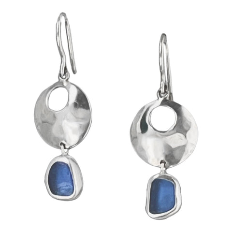 Blue Sea Glass Earrings with Silver Circles